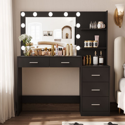 Kimberely 46.7" Vanity Table with Side Storage Shelf & 5 Drawers, Makeup Vanity Desk, 3-Color Lighted Mirror by Latitude Run
