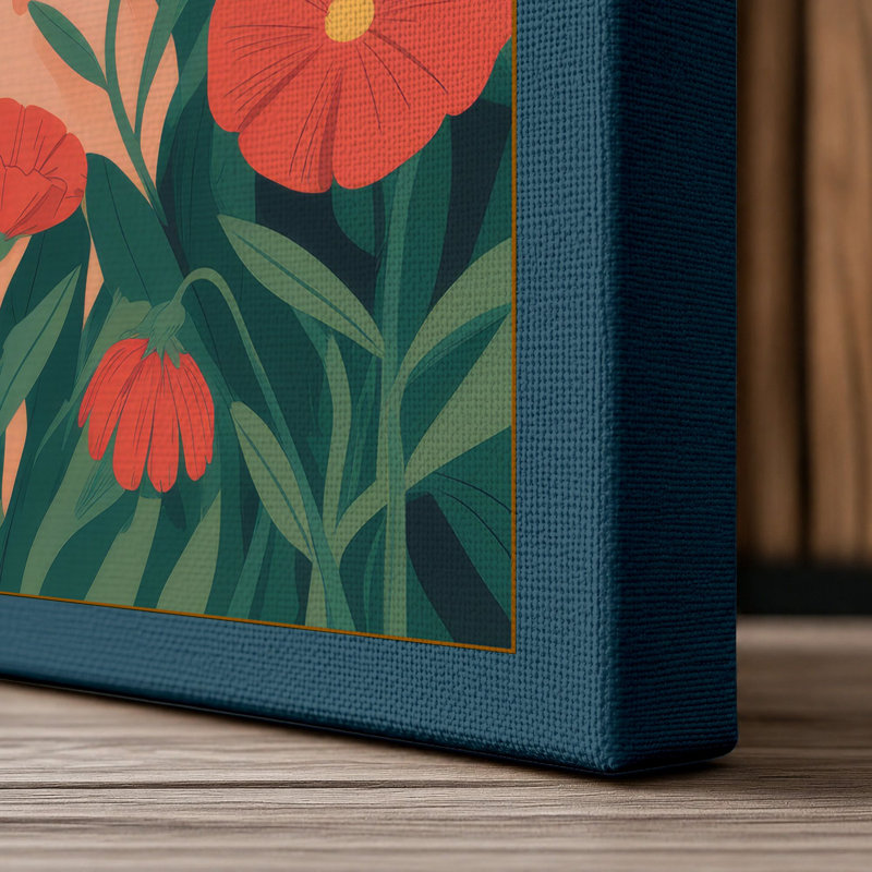 Woman Among Blooms Boho - Wrapped Canvas, 24x16 - 61.0 x 40.6 cm, Teal Border