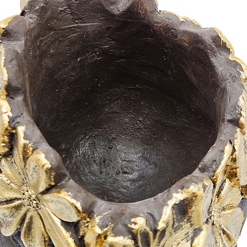 Pot à fleurs pour chien en magnésium 9,3 x 9,3 x 13 po avec finition brun texturé et couronne de feuilles d'or
