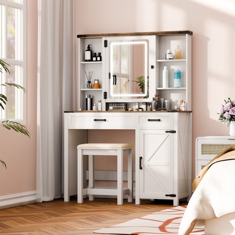 Table de coiffeuse moderne avec miroir pour chambre à coucher, Blanc