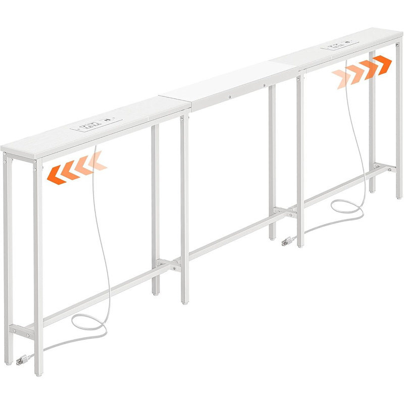 Table de canapé ajustable étroite avec 2 barrettes d'alimentation, ports de charge USB-A et USB-C, console de hall d'entrée extensible avec rangement, ensemble anti-basculement, blanc