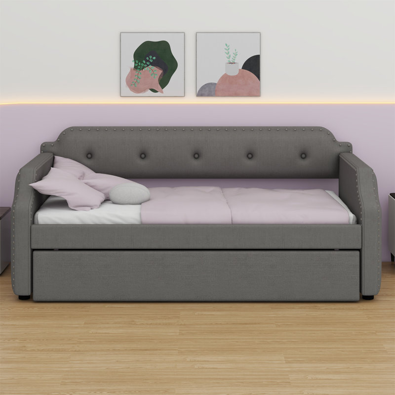 Upholstered Daybed With Trundle, Gray