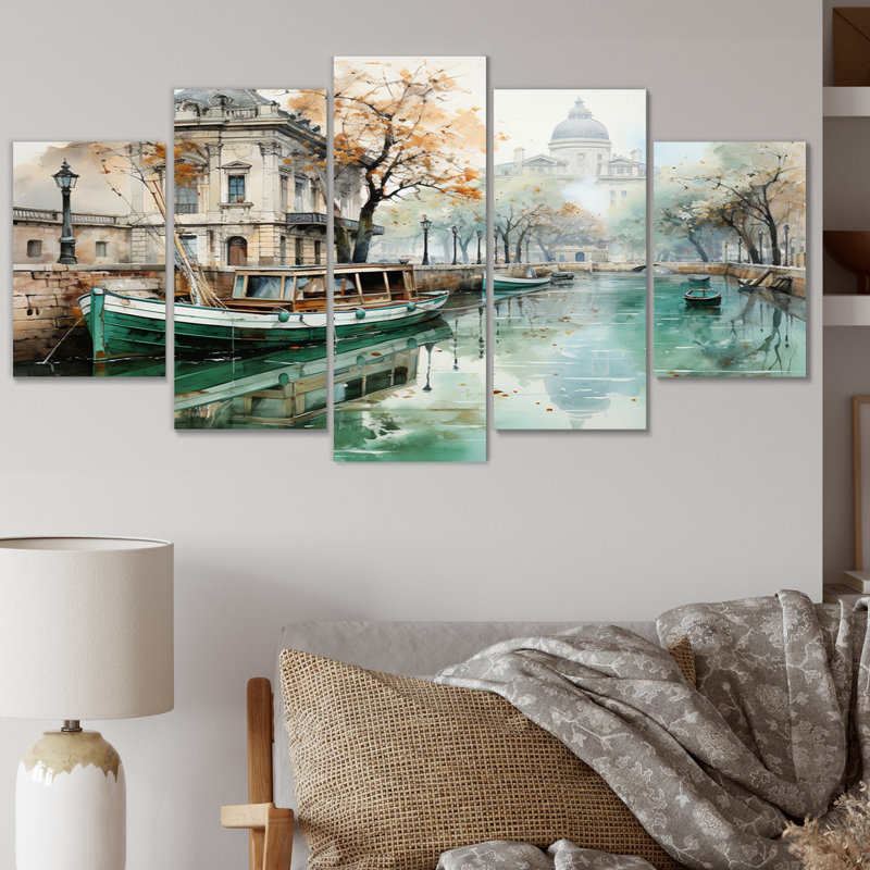«Paris Canal Saintmartin Reflections I - Cityscapes, art mural sur toile - 5 panneaux