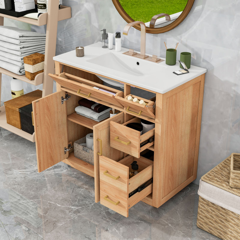 Meuble-lavabo de 36 pouces avec lavabo en céramique, structure en bois d'hévéa massif, 4 tiroirs et portes doubles à fermeture en douceur