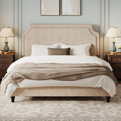 Lit tapissier en chenille moderne avec tête de lit réglable et pieds en bois massif