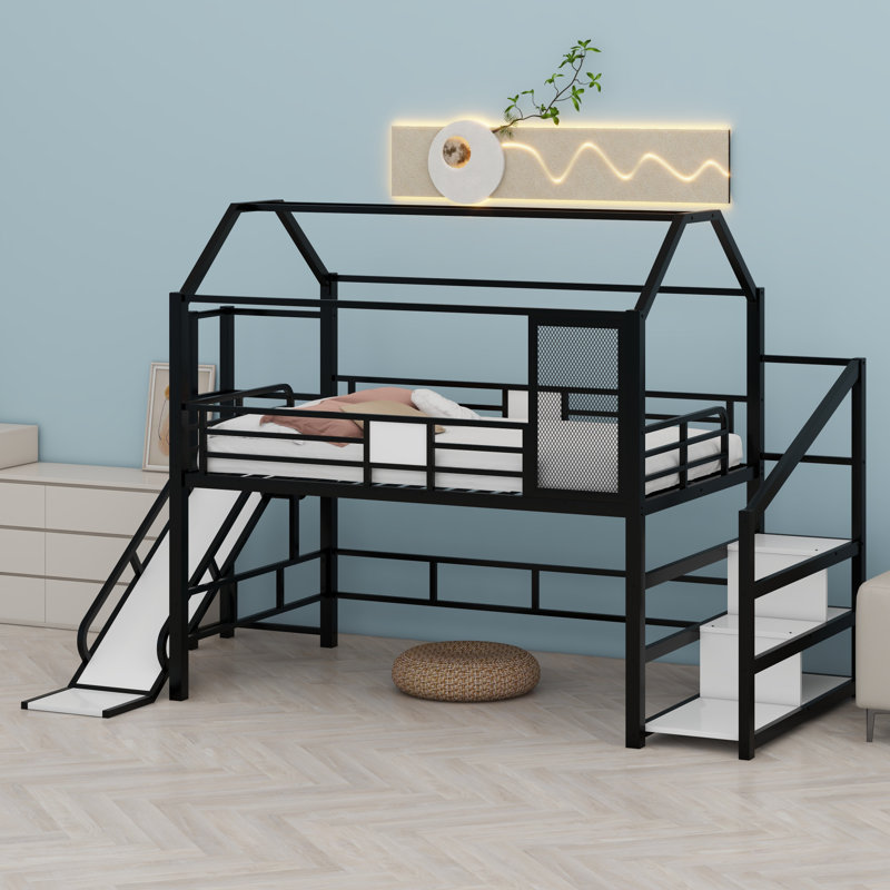 Metal House Loft Bed With Slide，Stairs And Storage Shelves, Pink, Full