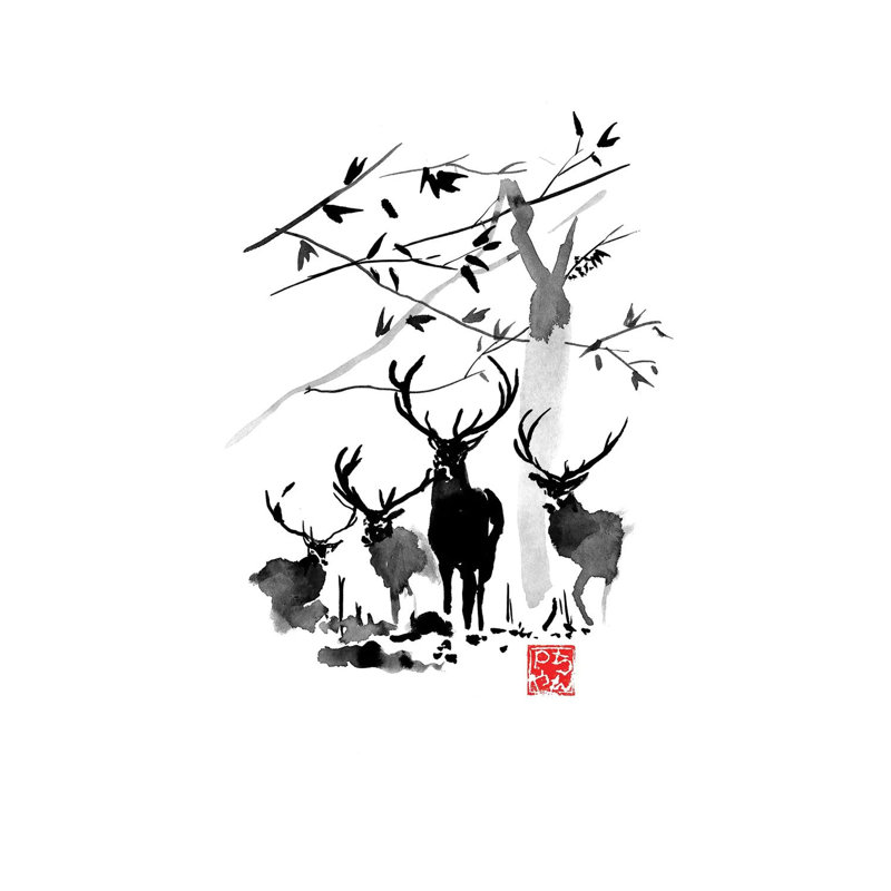 Deer Family by Péchane - Print on Canvas, Wrapped Canvas, 20.32 cm H x 30.48 cm W