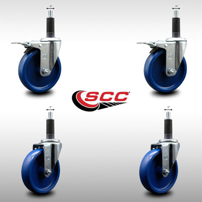 5 Inch SS Solid Poly Swivel 1 Inch Expanding Stem Caster Set 2 Total Lock Brakes
