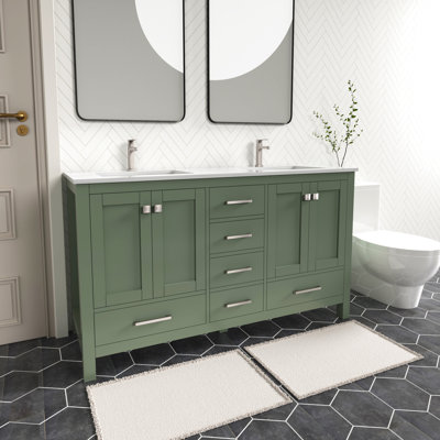 Anvay 60 in. Double Sinks Freestanding Bath Vanity in Forest Green with Carrara Quartz Top