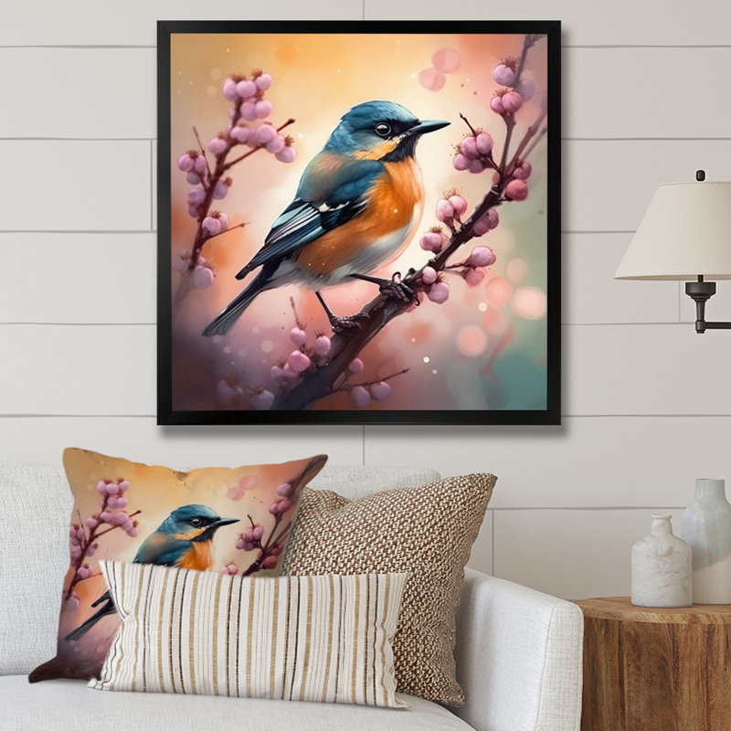 Décoration murale florale oiseau bleu sur un arbre II, Impression noire sur toile encadrée, H 16 po x l 16 po x P 1 po