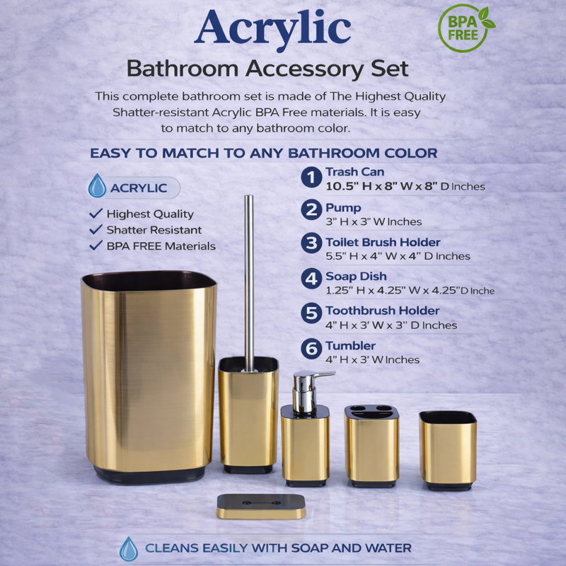 6-piece Acrylic Bathroom Accessory Set With Trash Can & Soap Pump