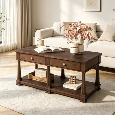 Farmhouse Wooden Coffee Table with 2 Storage Drawers & Lower Open Shelf, Rectangular Cocktail Table with Solid Wood Legs for Living Room