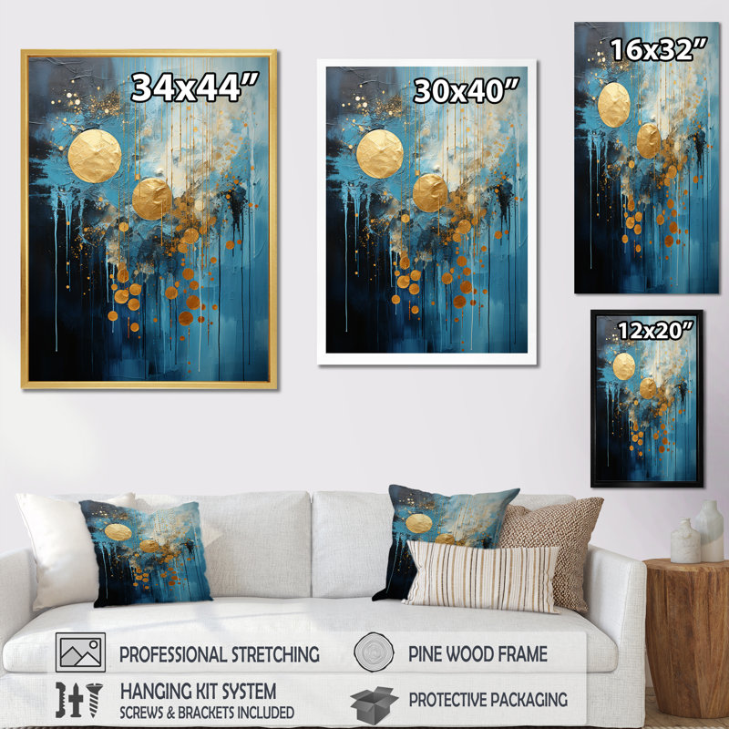Lune bleu et or cycle céruléen Dreams II, H 20 po x l 12 po x P 1 po, Toile tendue