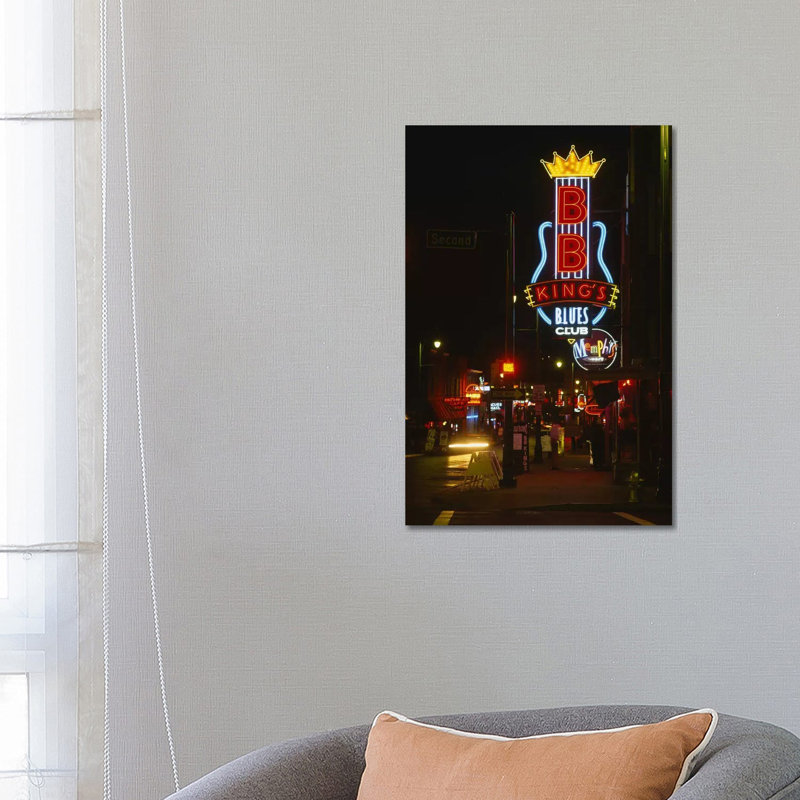 Neon Sign Lit up at Night, B. B. King's Blues Club, Memphis 1 Piece Wrapped Canvas Wall Art