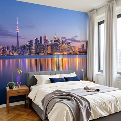 Peel and Stick Wallpaper Toronto Skyline purple light Toronto Canada Wall Murals 100"H x 144"W Removable PVC Wall Paper Self-Adhesive Wall Decor for Bedroom Living Room Home Office
