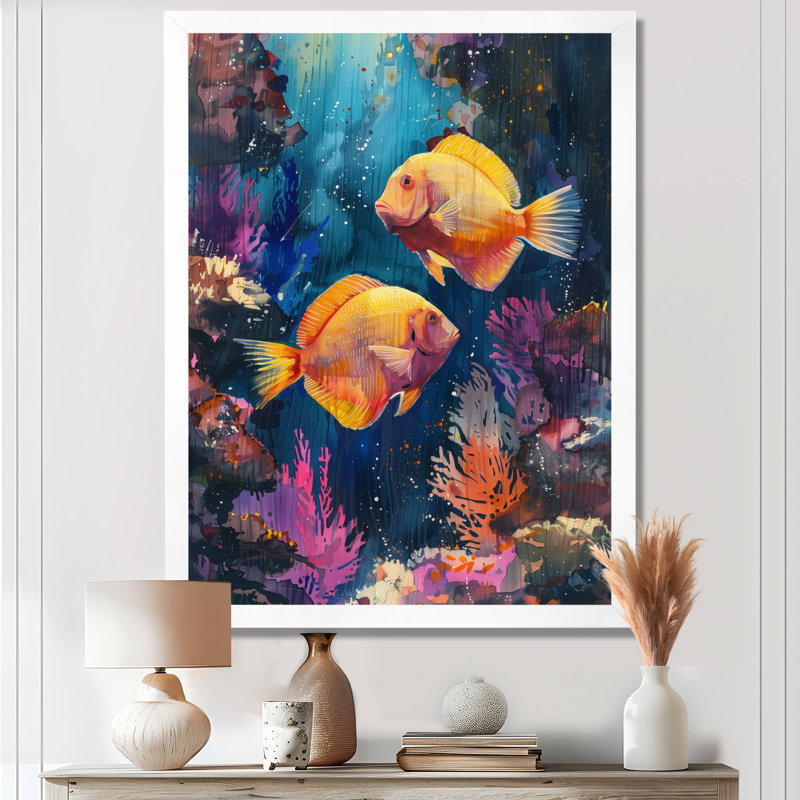 «Blue Orange Coral Marine Life I», impression d'art mural, H 24 po x l 32 po, Cadre simple blanc, bois massif