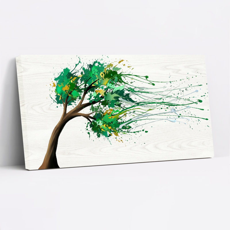Arbre abstrait aux feuilles vertes et aux éclaboussures - Toile tendue sur châssis (lot de 1), H 12 po x l 36 po