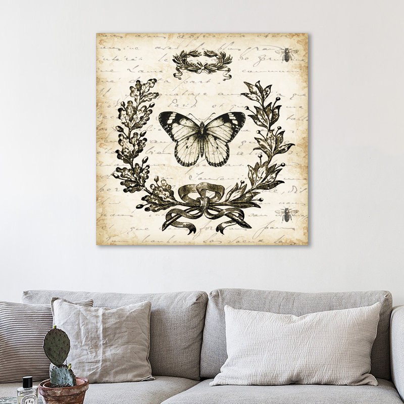 « french laurel couronne : papillon », reproduction d’impression sur toile tendue, H 18 po x l 18 po