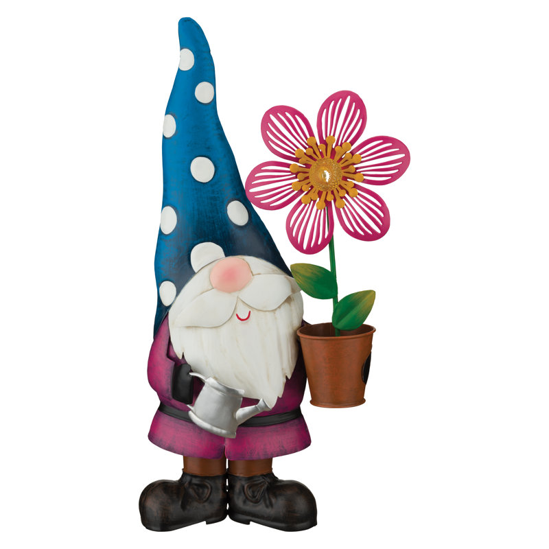 Metal Gnome Garden Statue with Vibrant Weather Resistant Finish and Hand Painted Details, Flower