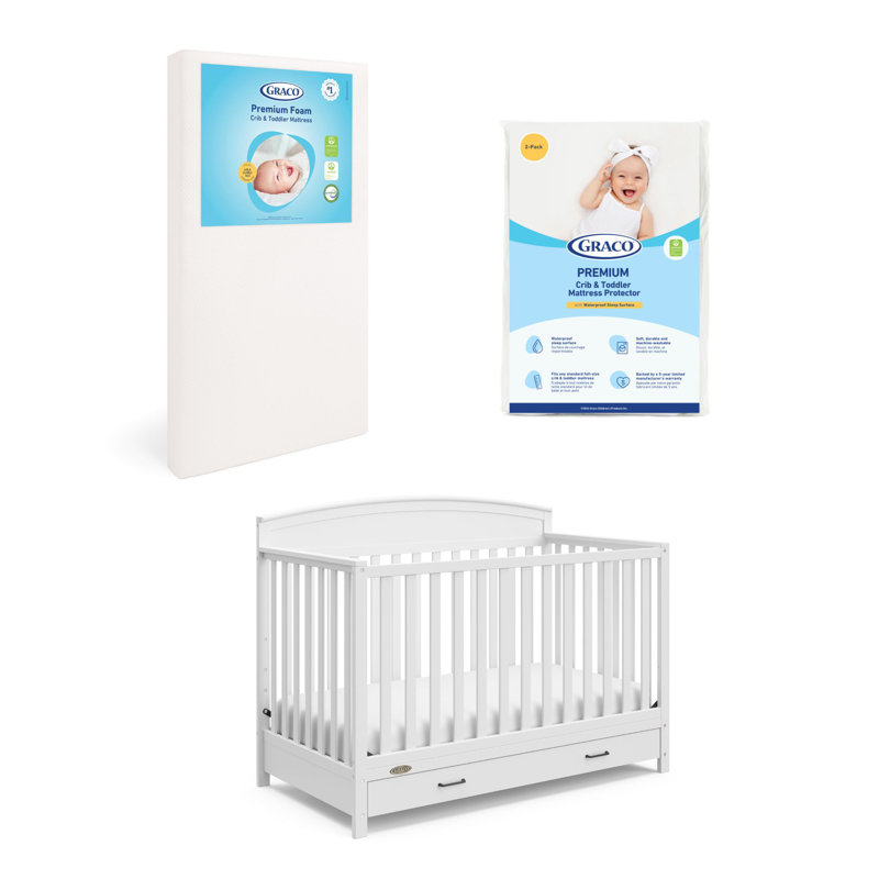 Lit de bébé convertible 5 en 1 avec tiroir Benton, Blanc, Lit de bébé + matelas + protecteur