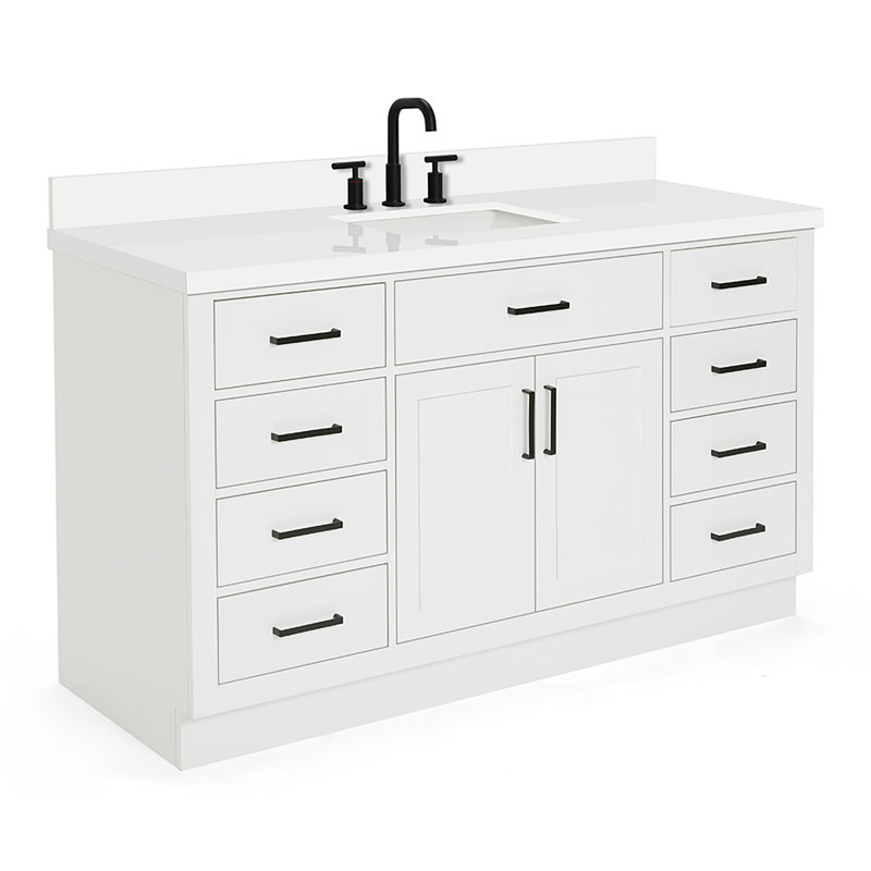 Meuble-lavabo simple en bois massif Tidworth avec plateau en quartz blanc de 1,5 po, Blanc, Forme rectangulaire