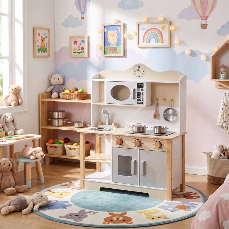 Ensemble de jeu de cuisine en bois massif pour enfants, jouet de cuisine réaliste pour tout-petit avec four, cuisinière et évier en métal amovible, jouet de cuisine interactif pour garçons et filles de 3 ans et plus