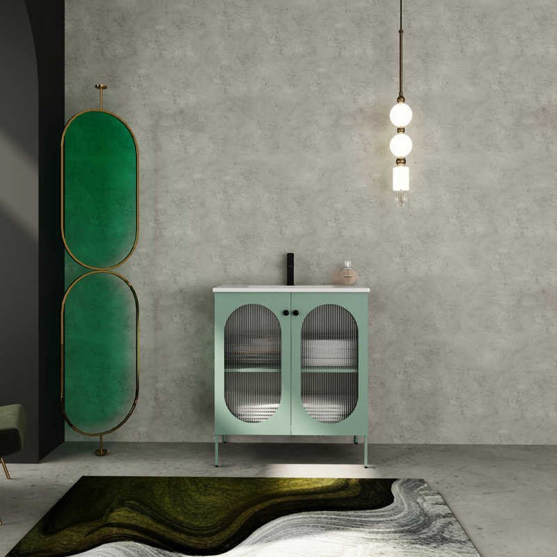 Meuble-lavabo de salle de bain moderne 30 po - Armoire autoportante en acier et céramique menthe, Green