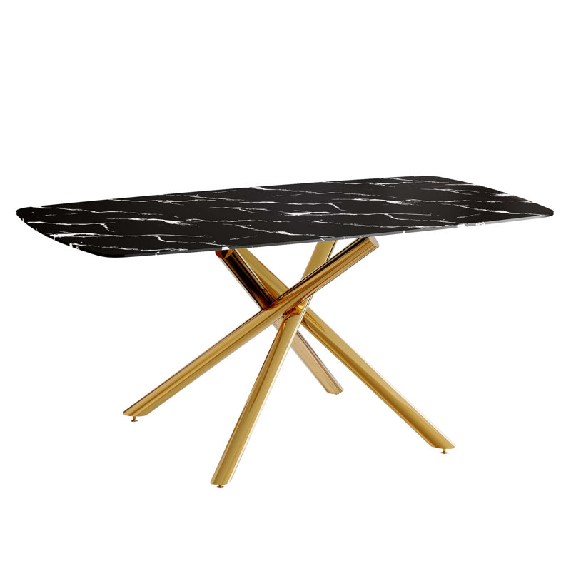 63-inch Black Marble-Patterned Tempered Glass Dining Table with Single-Fork Golden Metal Legs for Modern, Durable, and Stylish Dining Spaces.