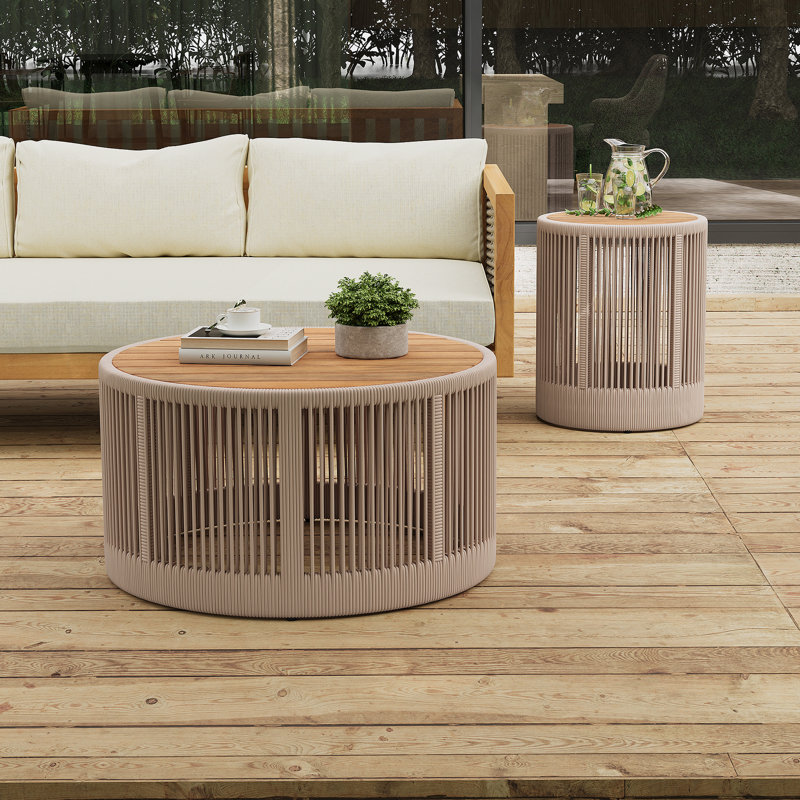 Ensemble de table industrielle rustique de 2, table basse et table d'appoint avec motif en corde tissée, ensemble de table moderne et fonctionnel pour le salon et la maison - corde beige