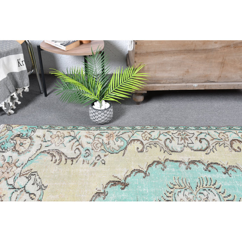 Tapis de couloir turc vintage tissé à la main en vert avec motif floral Boho - Jaune / vert