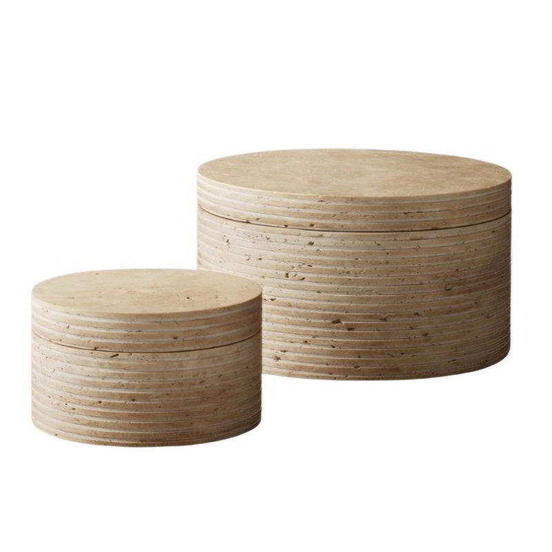 Travertin grande boîte ronde crème, H 4 po x l 6 po x P 6 po