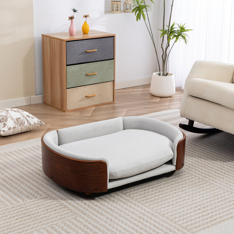 Lit pour chien surélevé gris en velours de style scandinave avec dossier en bois cintré, coussin amovible et grande taille en noyer ventilé, gris, facile à assembler