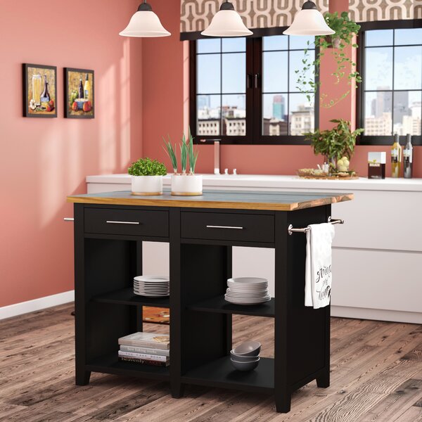 Behling Solid Butcher Block Kitchen Island with Baskets and Storage Shelf