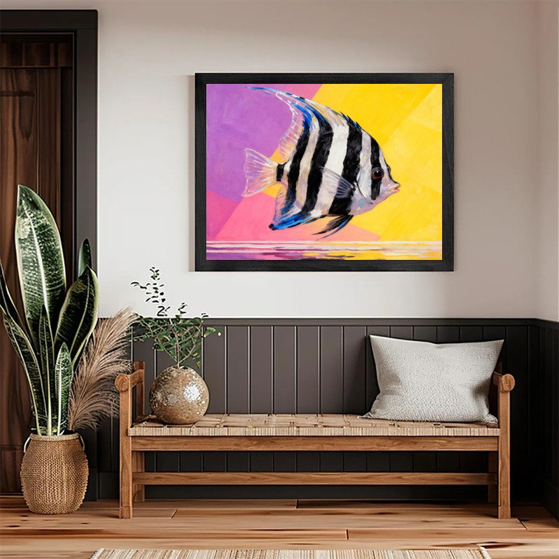 «Black Angelfish» rayé noir, impression de peinture marine vibrante et moderne, H 13 po x l 17 po