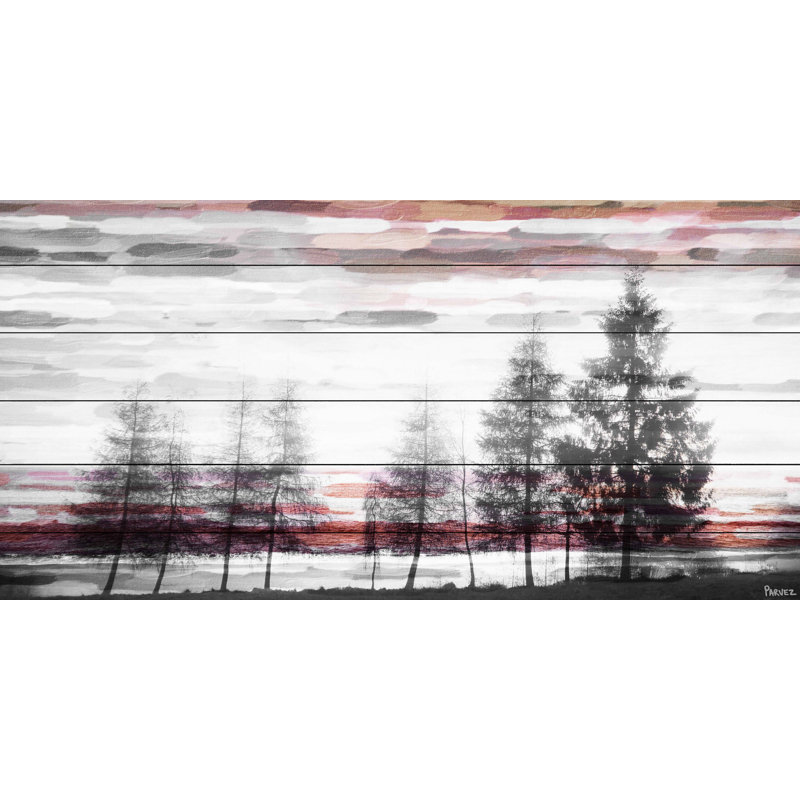 «Rouge derrière les arbres» par Parvez Taj - reproduction imprimée, H 18 po x l 36 po x P 1,5 po