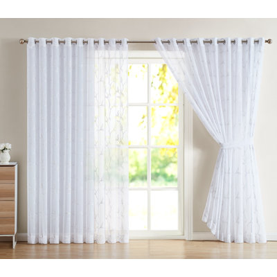 Pair Of Extra Large Sheer Room Divider Curtains With Leaf Embroidery