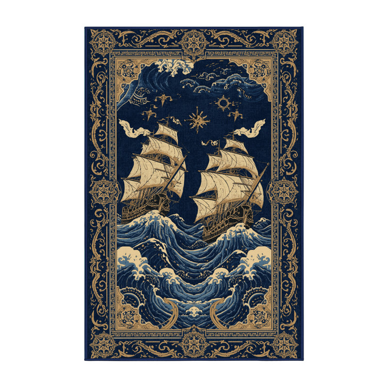 Tapis oriental bleu en tissu bleu marine délavé à la machine Cilegon, 7 x 9