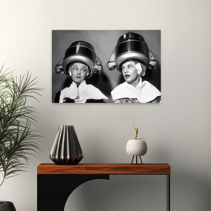 1950S Two Women Sitting Together Gossiping Under Hairdresser Hair Dryer Contemporary Art, 16" H x 24" W