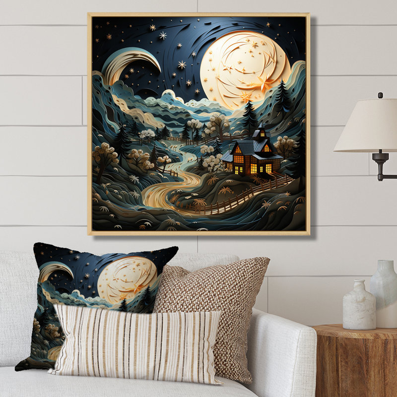 " Landscape Barn By Moonlight V ", 16" H x 16" W x 1" D, Natural Floater Framed