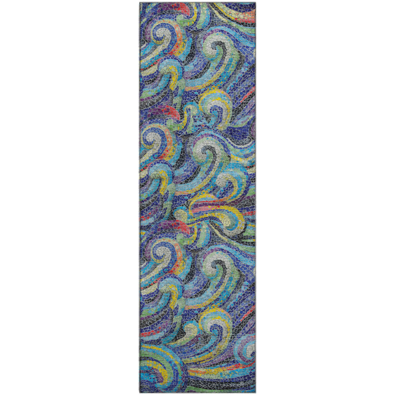 Premium Machine Washable Mayfield AMF193 Abstract Rug, Ocean, 2'3" x 7'6" Runner
