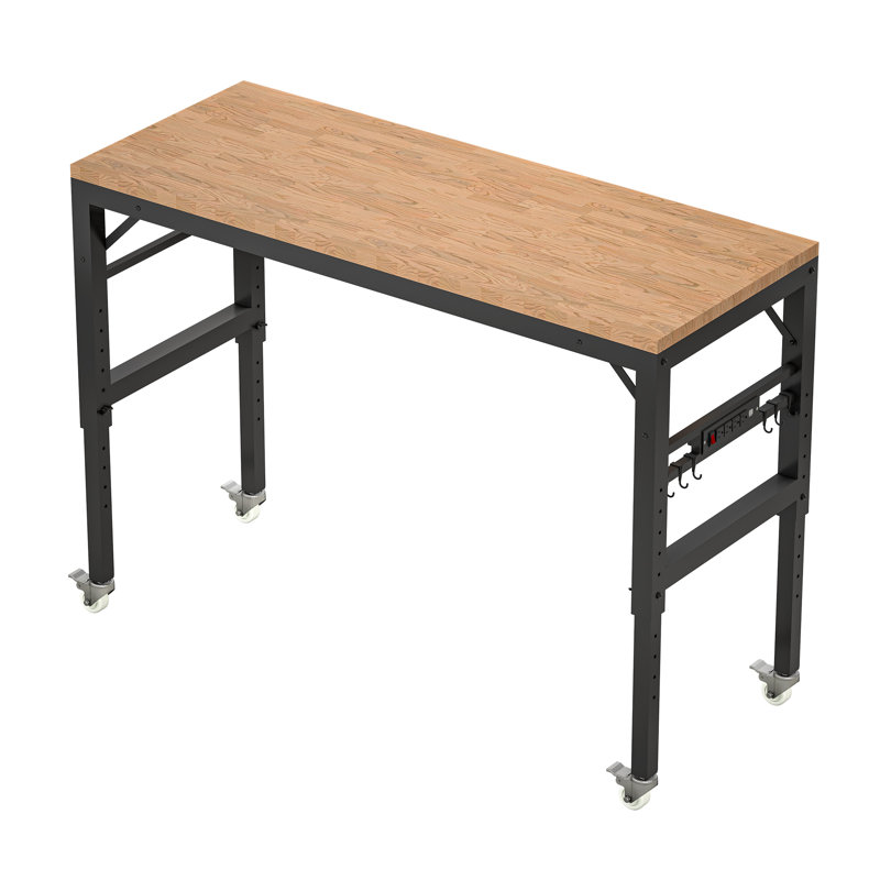 Établi à hauteur réglable en bois massif 60 po avec roulettes et tableau d'alimentation intégré