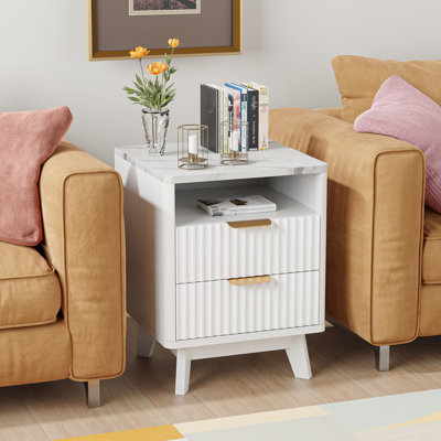 18" W Fluted Nightstand with 2 Drawers, Faux Marble Top by Wrought Studio