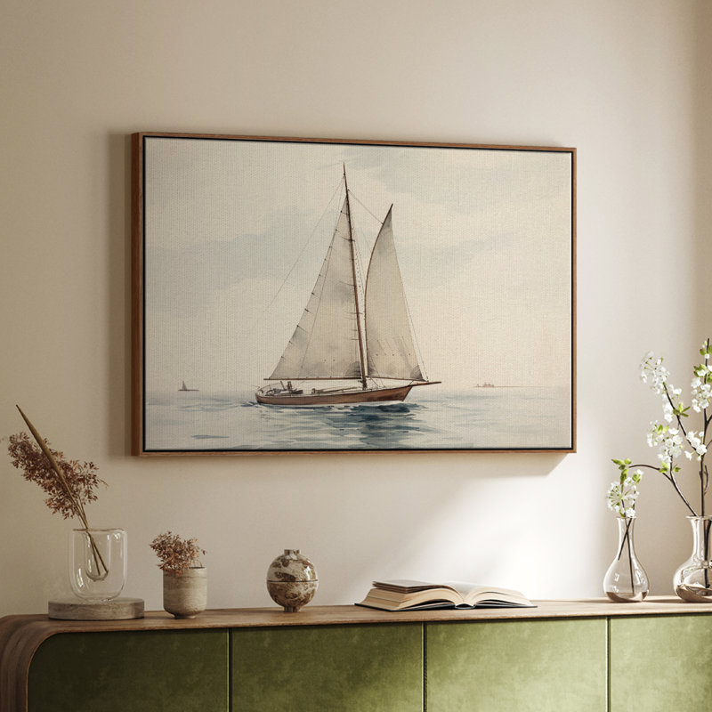 Rétro nautique-I, Toile encadrée noyer flottant, H 27 po x l 41 po x P 2 po