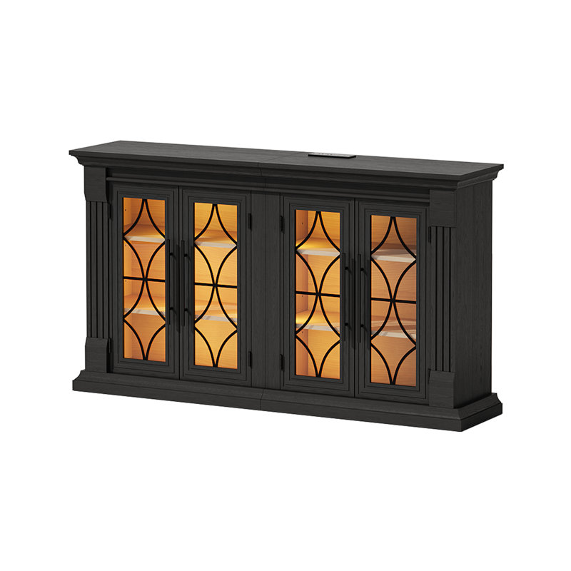60" Wide Sideboard Buffet With Outlet & Led , Farmhouse 4 Doors Credenza Storage Cabinets With Adjustable Shelves，Black