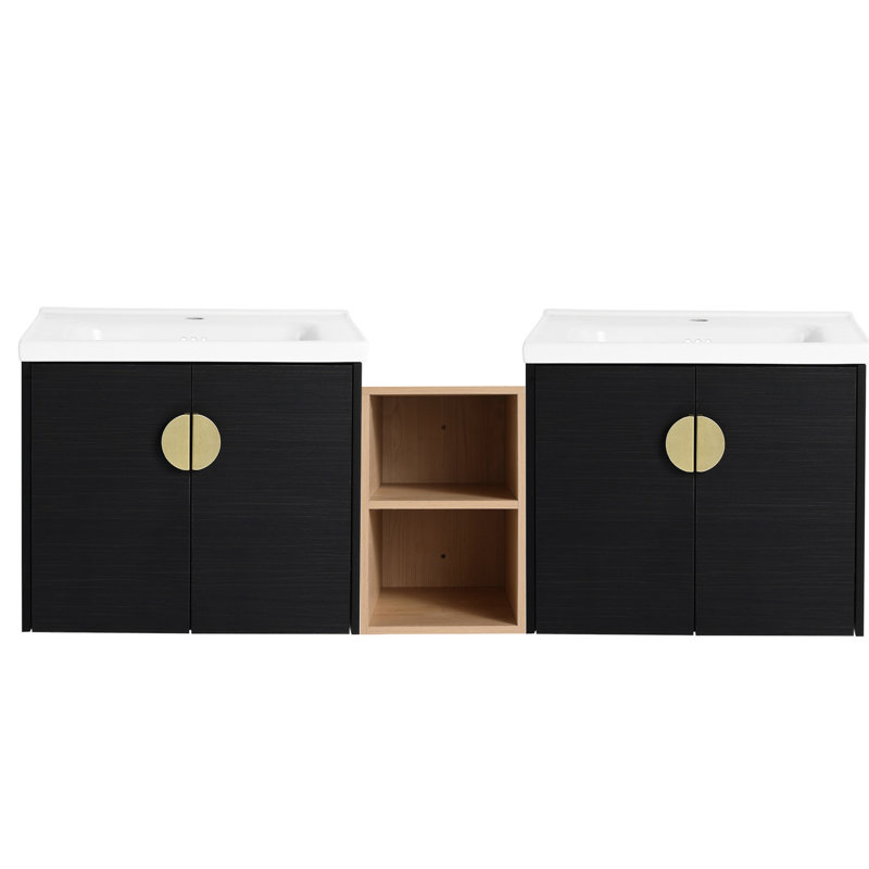 Armoire de salle de bain murale 60 po avec lavabo - châtaignier noir, meuble-lavabo en céramique de style moderne 60 po et noyer