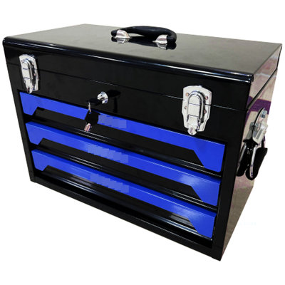 3 Portable Metal Toolbox With Tool , Bearing Slides, Key Lock Security, Top Storage Tray, Transport Handle, For Garage, Home, Workshop, Black&Blue 20'' Assembly, Drawer Slide, System, Plate, Carry