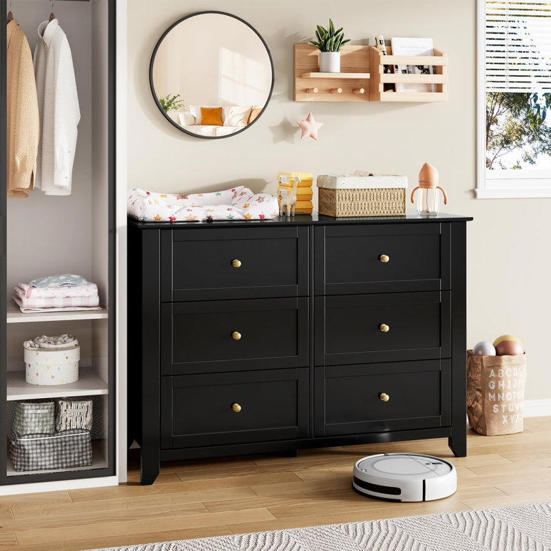 6 Drawer Dresser with Metal Knobs,  54" Wide Wooden Double Storage Chest for Bedroom Entryway Hallway, Black