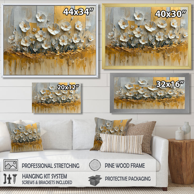 Désert, fleur d'orchidée - Art mural, H 12 po x l 20 po, Cadre flottant, Crème, crème
