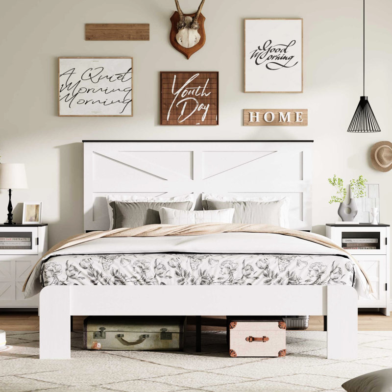 Structure de lit très grand en blanc, structure en métal et en bois, bruit, pas de sommier tapissier, facile à assembler, rangement sous le lit, tête de lit mi-profilée pour chambre à coucher avec design blanc,