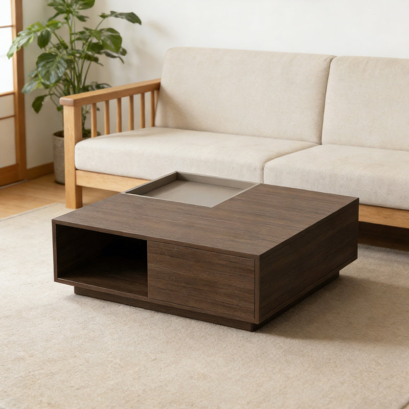 Table basse avec plateau et petit rangement, 13.38" H x 39.37" L x 39.37" W, Light Gray/Nut Brown, Brun noyer